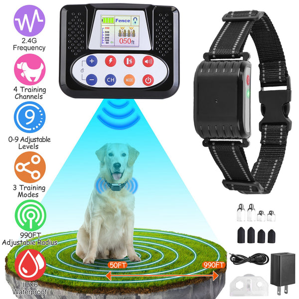 1Set 990FT Range Dog Wireless Fence Remote Training Collar IPX6 Waterproof Receiver With 0-9 Levels 
